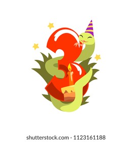 Funny snake in party hat and number three, Happy birthday, anniversary number with cute animal character vector Illustration on a white background