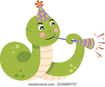 Funny snake at party playing horn with party hat
