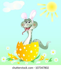 funny snake with pink bunny ears sitting in the egg
