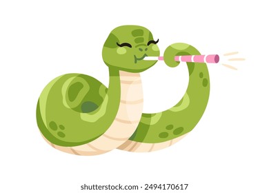 Divertida serpiente tocando música. Lindo personaje animal feliz sosteniendo la tubería. Adorable kawaii encantador músico de víbora con instrumento en la cola. Ilustración vectorial plana de dibujos animados aislada sobre fondo blanco