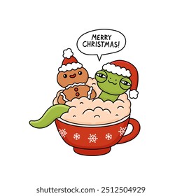 Funny snake in Santa hat and gingerbread man cookie in mug with winter holiday spiced drink. Snake relaxes, rests like in a bath. Cartoon animal character. Xmas festive traditional cookie with icing