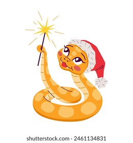 Funny snake with Santa hat and sparkler 2D cartoon character. Chinese New Year celebration isolated vector animal white background