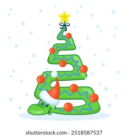 Funny snake in Santa hat - symbol of Chinese New Year in the form of a New Year tree. Greeting card 2025 in cartoon style. Isolated on white background. Vector illustration.