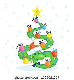 Funny snake in Santa hat - symbol of Chinese New Year in the form of a New Year tree with glass balls. Greeting card 2025 in cartoon style. Isolated on white background. Vector illustration.