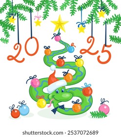 Funny snake in Santa's hat under Christmas tree with glass balls and golden star - symbol of new 2025 year. Card in cartoon style. Isolated on white background. Vector illustration