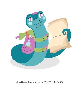 Funny snake with school backpack and book. School education. Symbol of new year.