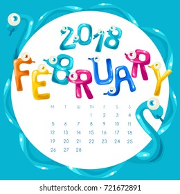 Funny Snake Shaped Alphabet for 2018 Calendar : February : Vector Illustration