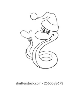 Funny snake - symbol of Chinese New Year in Santa hat and mitten on tail. Black and white picture in cartoon style. For coloring book. Isolated on white background. Vector illustration.