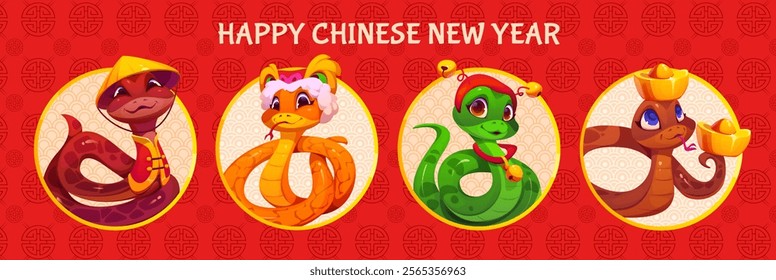 Funny snake symbols of Chinese lunar new year holiday. Happy Cny collage banner with cute reptiles in traditional festive attire, one holding gold sychee ingot celebrate prosperity and wealth for 2025