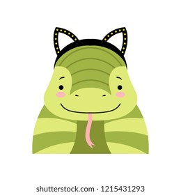 Funny snake wearing ear headband, cute cartoon animal character avatar vector Illustration on a white background