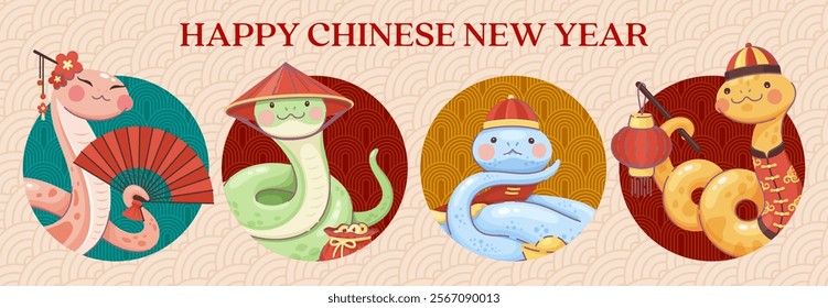 Funny snakes on Chinese Lunar New Year holiday collage, vector banner. Happy Chinese New Year greeting with snakes in hanfu costume and hat with paper lantern, golden ingot sycee and fan for holiday