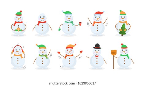 Funny snow man wearing hat, scarf and mittens collection. Cheerful snowman in different costumes. Set of funny cartoon characters, poses and emotions. Vector illustration in flat design.