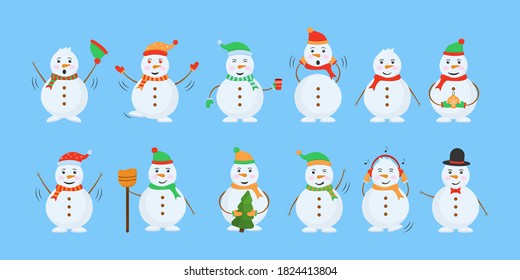 Funny snow man wearing hat, scarf and mittens collection. Cheerful snowman in different costumes. Set of funny cartoon characters, poses and emotions. Vector illustration in flat design.