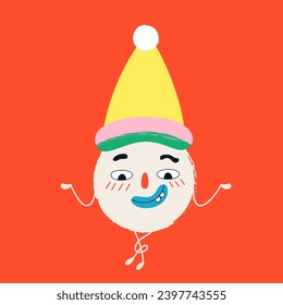 Funny snowball in a Christmas hat. New Year and Christmas mood. Template for card, poster, banner, paper, fabric. Vector illustration on isolated background in retro style.