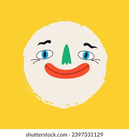 Funny snowball face in retro style. Template for card, poster, banner, fabric, paper. Vector illustration on isolated background.