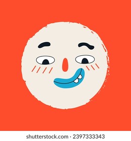 Funny snowball face in retro style. Template for card, poster, banner, fabric, paper. Vector illustration on isolated background.