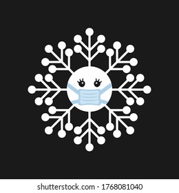 Funny snowflake in medical mask. Cartoon vector illustration.