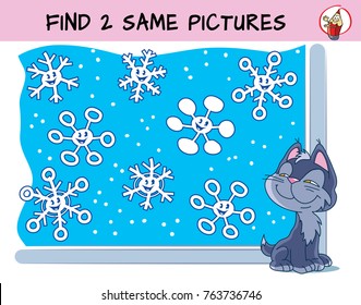 Funny snowflakes. Find two same pictures. Educational matching game for children. Cartoon vector illustration