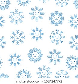
Funny snowflakes. Seamless pattern. On a white background, blue, kawaii snowflakes. Vector illustration.