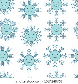 
Funny snowflakes. Seamless pattern. On a white background, blue, kawaii snowflakes. Vector illustration.