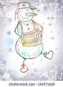 Funny snowman with accordion, dancing, Christmas Holiday Illustration, vector