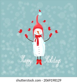  Funny snowman with a bird.A greeting card with holidays. Red birds. Stylized signboard. . Vector design of Christmas greetings.