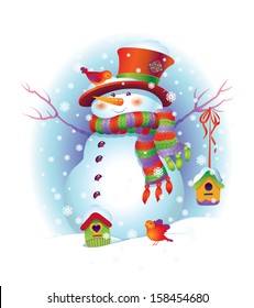 Funny snowman with birdhouses. Vector Illustration for Christmas design