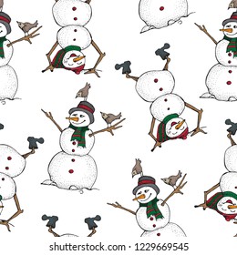 Funny Snowman and birds seamless pattern. Cute winter holiday. Black line ink person in hat and knitted scarf. Vector hand drawn doodle illustration isolated on white background