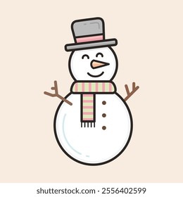 Funny snowman with black hat, orange carrot nose, arms branches and striped scarf filled vector icon. Cute and iconic snowman made with two large winter snowballs line art illustration.