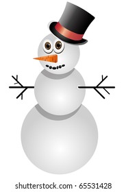 Funny snowman in black top hat, vector illustration