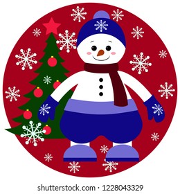 Funny snowman in blue clothes with christmas tree and snowflakes on red round background