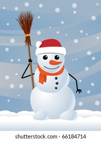Funny snowman with broom