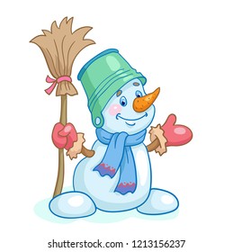 Funny snowman with broom and bucket on his head. Isolated on a white background. Vector illustration.