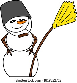 Un muñeco de nieve gracioso con un cubo en lugar de un sombrero y una escoba. Ilustración vectorial en un fondo blanco aislado.