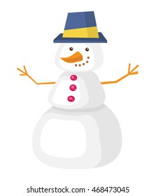 Hombre de nieve gracioso con zanahoria en lugar de nariz y ramas en lugar de manos. Hombre de nieve en esa ilustración de diseño plana vectorial aislada en fondo blanco.