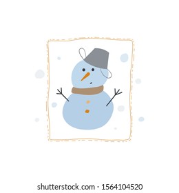 Funny snowman cartoon character. Vector illustration on white background. Perfect for Christmas cards, decorations, invitations, banners, labels, discounts. Cozy, festive atmosphere.