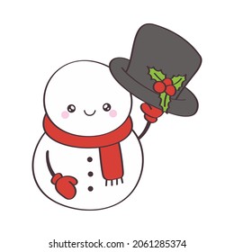 Funny snowman cartoon. Christmas snowman with a festive hat in his hands and a cute smile. Vector illustration of snowman for nursery room decor, posters, greeting cards and party invitations