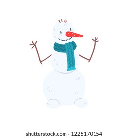 Funny snowman character in blue scarf, Christmas and New Year holidays decoration element vector Illustration on a white background
