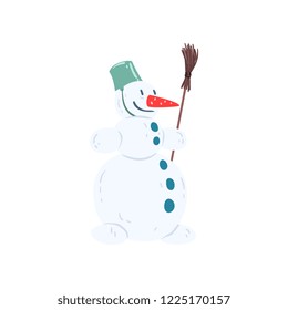 Funny snowman character with a bucket on his head and a broom, Christmas and New Year holidays decoration element vector Illustration on a white background