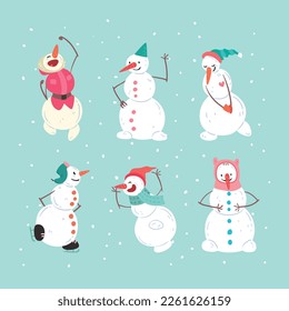 Funny Snowman Character with Carrot Nose Engaged in Different Activity Vector Set