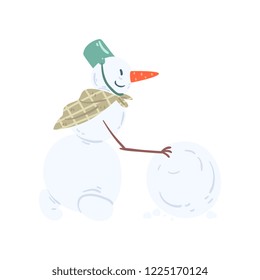 Funny snowman character rolling a snowball, Christmas and New Year holidays decoration element vector Illustration on a white background