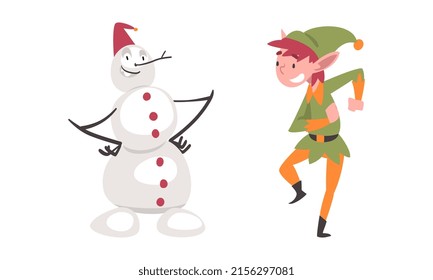 Funny snowman and Christmas elf characters cartoon vector illustration