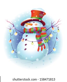 Funny snowman with christmas light. Vector Illustration for Christmas design