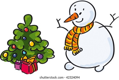 Funny  Snowman and a Christmas tree