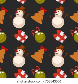 Funny snowman, Christmas tree cookie and gift box seamless pattern