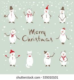 Funny snowman / Christmas Vector illustration, postcard - snowman lifestyle