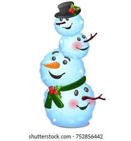 Funny snowman composite consisting of heads isolated on white background. Sketch for greeting card, festive poster or party invitation. Attribute of Christmas and New year.  Vector cartoon close-up.