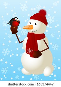Funny snowman with cute bullfinch