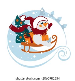 A  funny snowman dressed as Santa Claus,  carries gifts and a christmas tree on a sled. Kids illustration for christmas card, textile,  apparel. Vector.