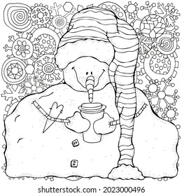 Funny snowman drinking coffee in winter.  Merry Christmas, Happy New Year. Pattern for adult coloring book. Black and white.